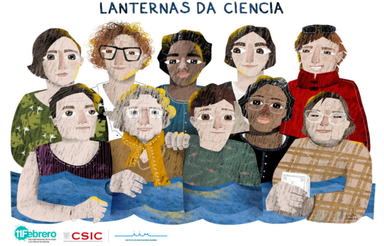 Varias mulleres da ciencia ilustradas por LAura Romero. Na parte superior pode lerseLanternas da Ciencia. Debaixo, logos do 11F, CSIC, e IIM.